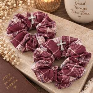Burgundy Plaid Scrunchie Set of 2 Cottagecore Preppy Hair Ties